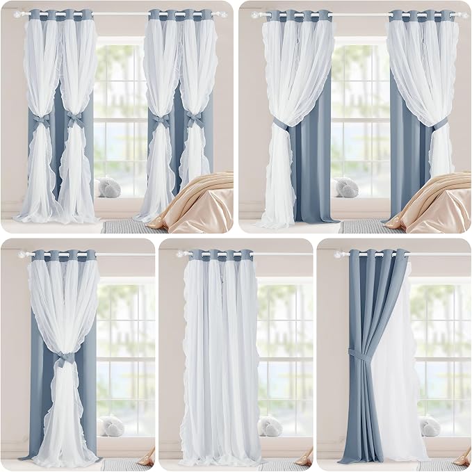 PONY DANCE Girls Curtains for Bedroom Decorative Drapes for Kids Double Layer Curtain Ruffle Sheer Overlay Room Darkening Pretty Chic Princess, 52x108 inch, Pigeon Blue, 2 PCs