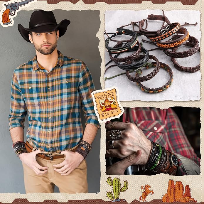 Equsion 50 Pcs Braided Leather Bracelets for Men Women Wrap Wooden Bead Cuff Bracelet Hemp Cords Ethnic Tribal Handmade Wrap Wristband Bracelets Set Adjustable for Personal Wearing