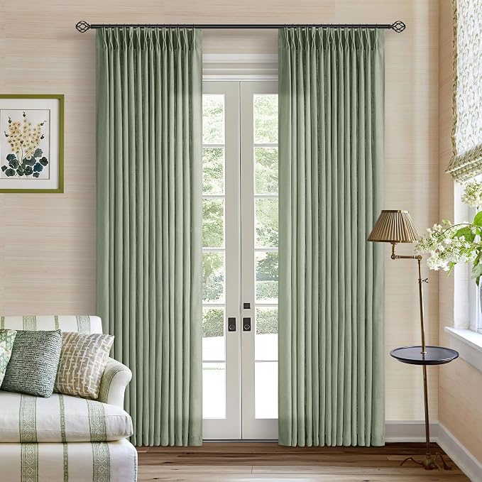 Sage Green Linen Curtains Pinch Pleated 84 Inches Long 2 Panels Set 40x84 | for Living Room Bedroom, Pinch Pleat with Rings Back Tab Semi Sheer Light Filtering Privacy, Boho Farmhouse, Light Green
