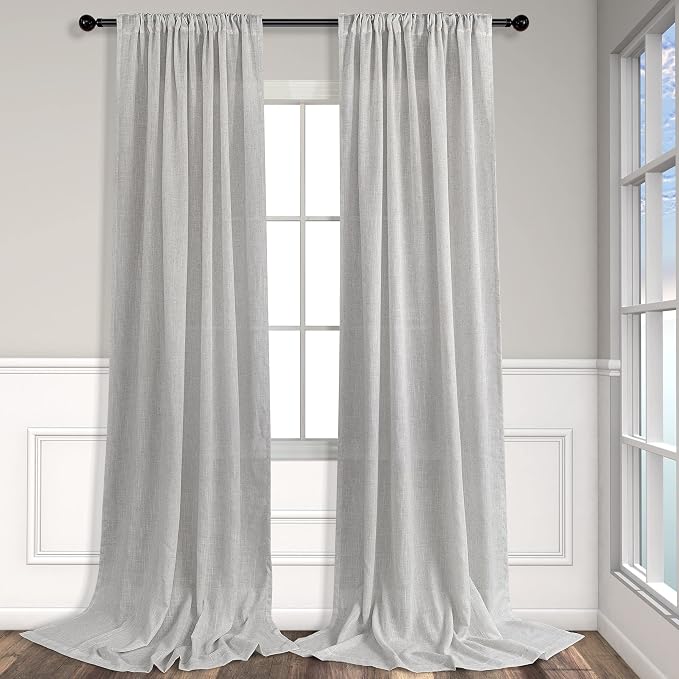 Pitalk Light Grey Linen Curtains 102 Inches Long for Living Room 2 Panels Set Back Tab Pocket Large Window Drape Semi Sheer Dove Silver Gray Curtain 102 Length for Patio Sliding Door Bedroom Farmhouse