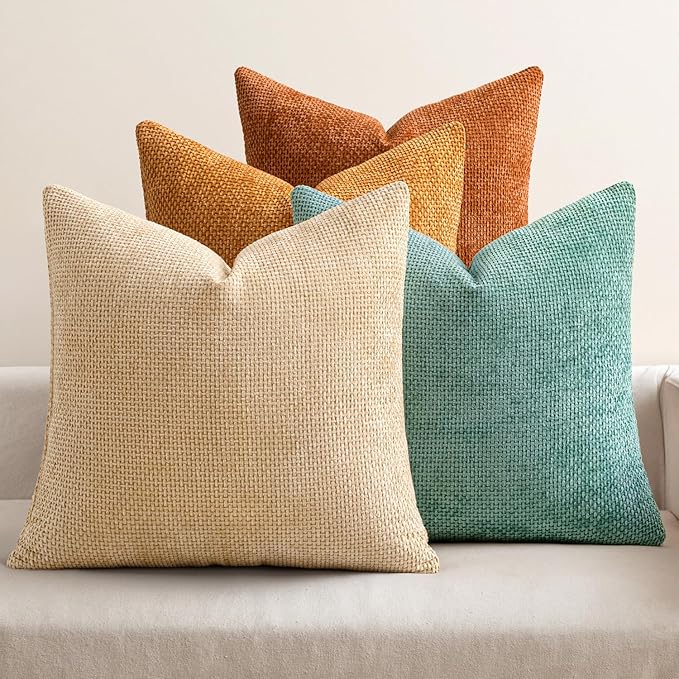 MIULEE Pack of 4 Orange/Teal Couch Throw Pillow Covers 20x20 Inch Yellow Green Soft Decorative Chenille Pillows Farmhouse Accent Cushions for Boho Fall Home Decor Sofa Bedroom Living Room