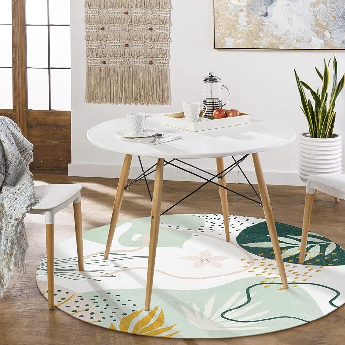 Lahome Boho Round Rugs - 4Ft Washable Non-Slip Small Round Area Rug Throw Soft Cute Round Nursery Rug Non-Shed Lightweight Bathroom Rug, Green Botanical Print Circle Rug for Bedroom Dorm Kids Room