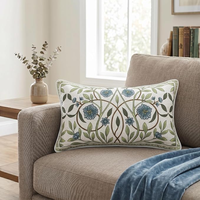 ISAENNE Designer Linen Throw Pillow Cover,Set of 2,20"x12"-Mosella A | French Elegant Rectangle Decor Pillow Cover,Concealed Zipper Design,Floral Pattern,Sofa,Bedroom,Living Room,Lounge Chairs