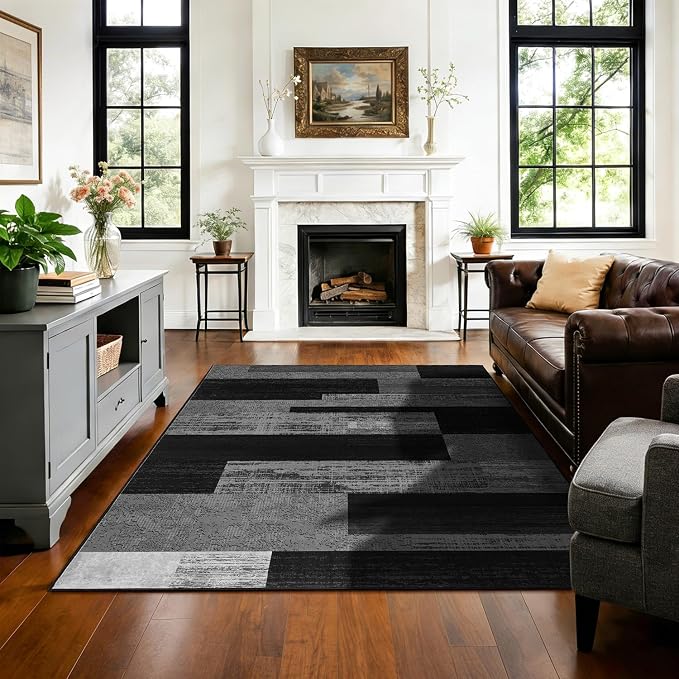 LIANLAM 3x5 Washable Area Rugs for Living Room and Bedroom(3x5,Black&Gray) | Non-Slip Small Carpet,Vintage Checkered Pattern, Stain Resistant Faux Wool Low Pile Soft Rug for Dining Room,Office,Nursery