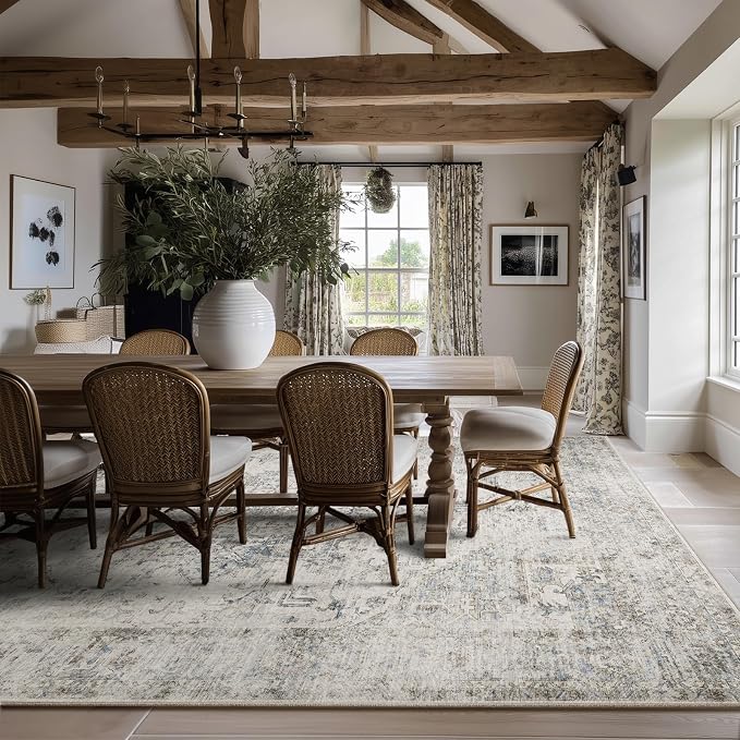 Machine Washable Rugs for Living Room: 9x12 Area Rugs for Bedroom Ultra Soft Non-Slip Low Pile Vintage Distress Boho Large Carpet for High-Traffic Dining Room - Farmhouse Decor