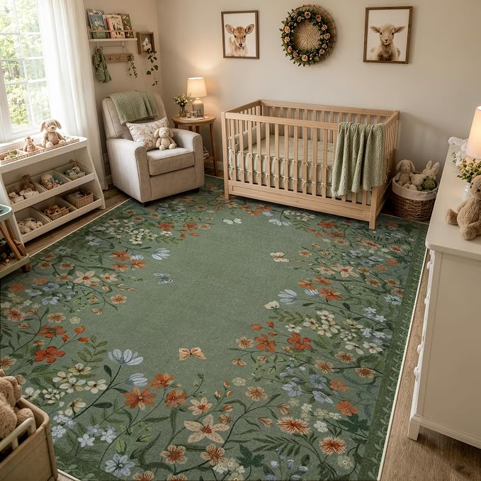 Wonnitar 8x10 Washable Area Rug, Green Floral Rug for Living Room, Boho Botanical Large Carpet for Bedroom, Non Slip Soft Nursery Rug, Cottagecore Dining Room Decor (8x10 Green)