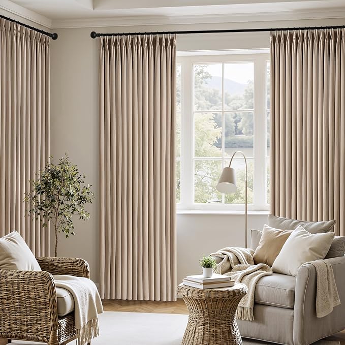 MIULEE Pinch Pleated Thick Linen Curtains 90 Inch 4 Panels Set Back Tab Memory Trained Pinch Pleat Semi Sheer Light Filtering Privacy Curtain Let Light in Window Drapes for Living Room Bedroom Taupe