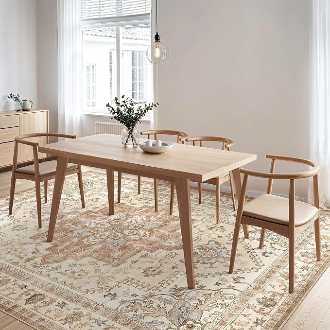 Tortania Area Rug Living Room Rugs - 8x10 Washable Boho Rug Vintage Oriental Distressed Farmhouse Large Thin Indoor Carpet for Living Room Bedroom Under Dining Table Home Office - Rust/Cream