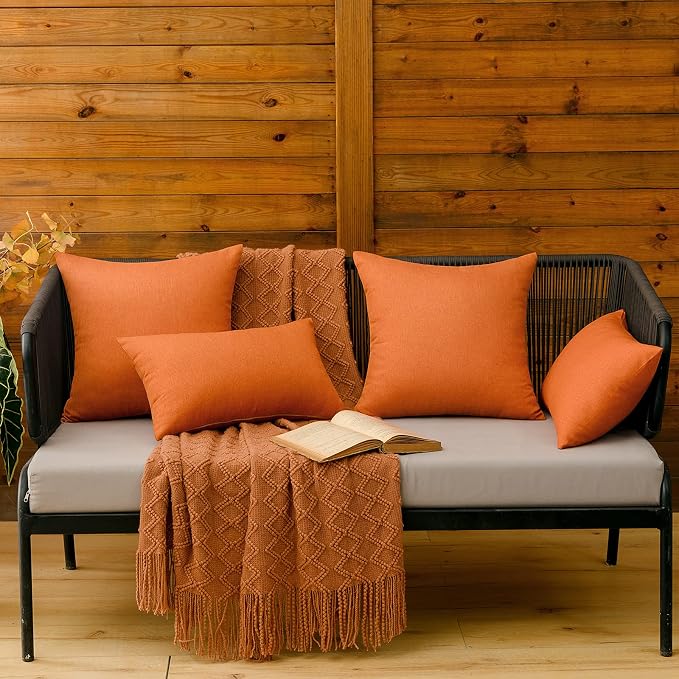 MIULEE Pack of 2 Decorative Outdoor Solid Waterproof Throw Pillow Covers Faux Linen Garden Farmhouse Cushion Cases for Summer Patio Tent Balcony Couch Sofa 12x12 Inch Orange