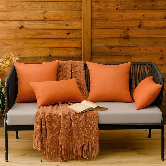 MIULEE Pack of 2 Decorative Outdoor Solid Waterproof Throw Pillow Covers Faux Linen Garden Farmhouse Cushion Cases for Summer Patio Tent Balcony Couch Sofa 16x16 Inch Orange