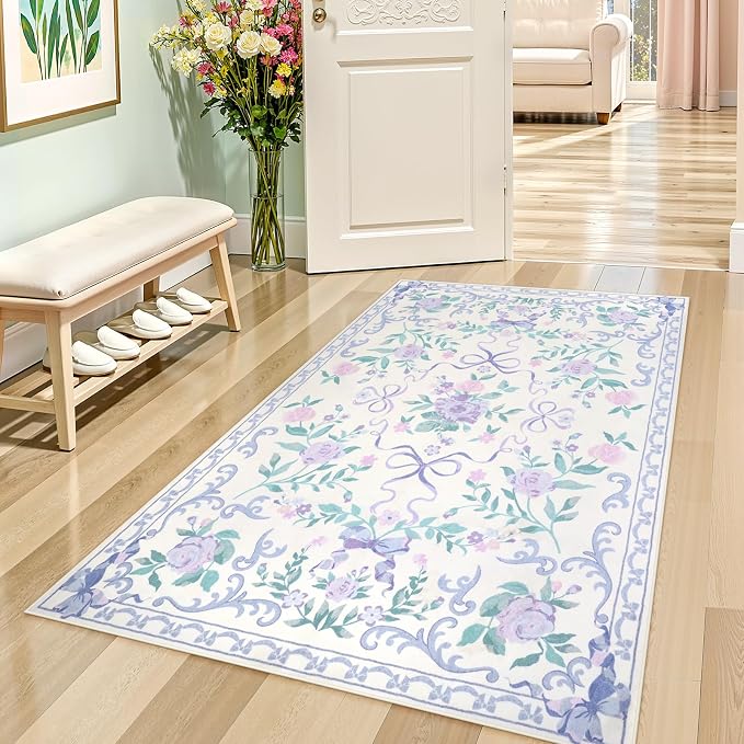 Collive 3x5 Nursery Rug, Boho Purple Floral Area Rugs Machine Washable, Soft Ultra-Thin Bow Carpet Non Slip for Girls Room Bedroom Entryway Playroom Living Room (Purple, 3' X 5')