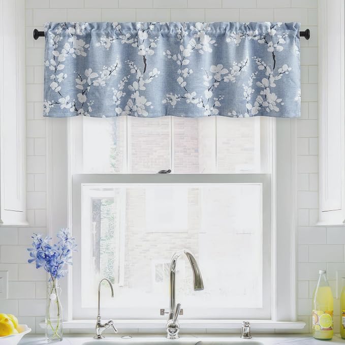 FMFUNCTEX 100% Blackout Blue Floral Curtains, Rod Pocket 18 Inch 1 Panel | Black Out Drapes, Thermal Insulated, Blossom Patterned Short Panel for Kitchen Curtains, Cafe, Bathroom, Door Glass