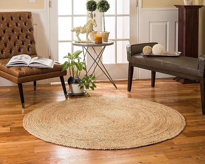 Jute Braided Area Rug, 4 feet Round Jute Braided Rug, Stain Resistan Natural Handmade Circle Boho Area Rug for Entryways, Living Room, Bedroom, Farmhouse Vintage Decor, Reversible Rug