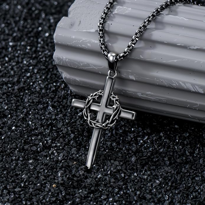 Crown of Thorns Necklace for Men 925 Sterling Silver Nail Cross Necklace Pendant Religious Christian Jewelry Valentines Day Gifts for Men