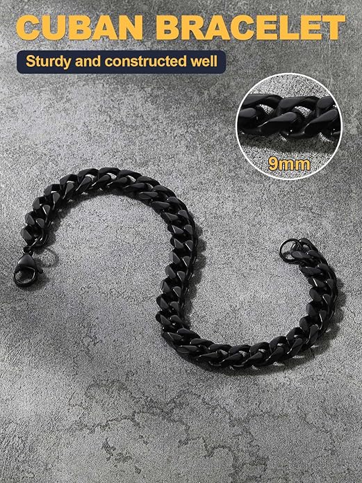 U7 Link Bracelets for Men, Cuban Link/Rope/Watch Band Solid Bracelet, Silver Black Gold Color Wrist Bracelet 3/6/9/12/15mm Width, 6.5/7.5/8.3 Inch Length, Hand Chain Jewelry for Mens Women