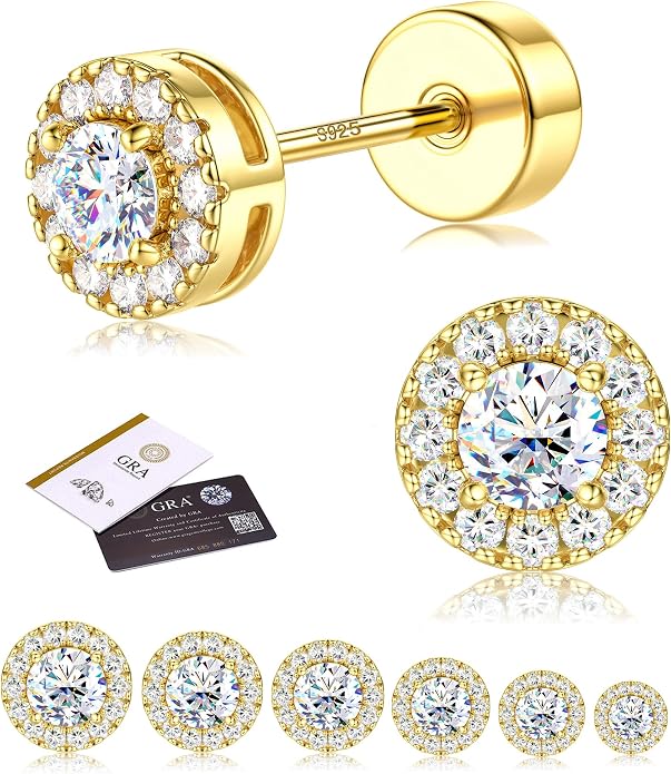 Moissanite Stud Earrings with Flat Back - 925 Sterling Silver D Color VVS1 Moissanite Earring for Women Men,14K White Gold Plated Brilliant Halo Stud Earrings Hypoallergenic Jewelry for Sensitive Ear