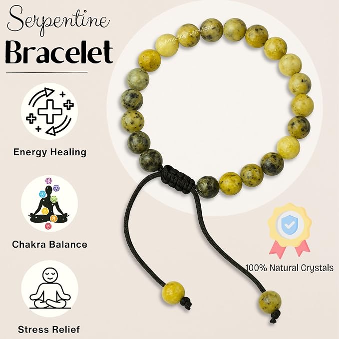 Amazing Gemstone Serpentine Bracelet, Gifts for Men & Women - Protection Healing Crystal Bracelet - 8mm Gemstone Beaded Adjustable Bracelet, Pulseras para Hombres Mujer Stocking Stuffers