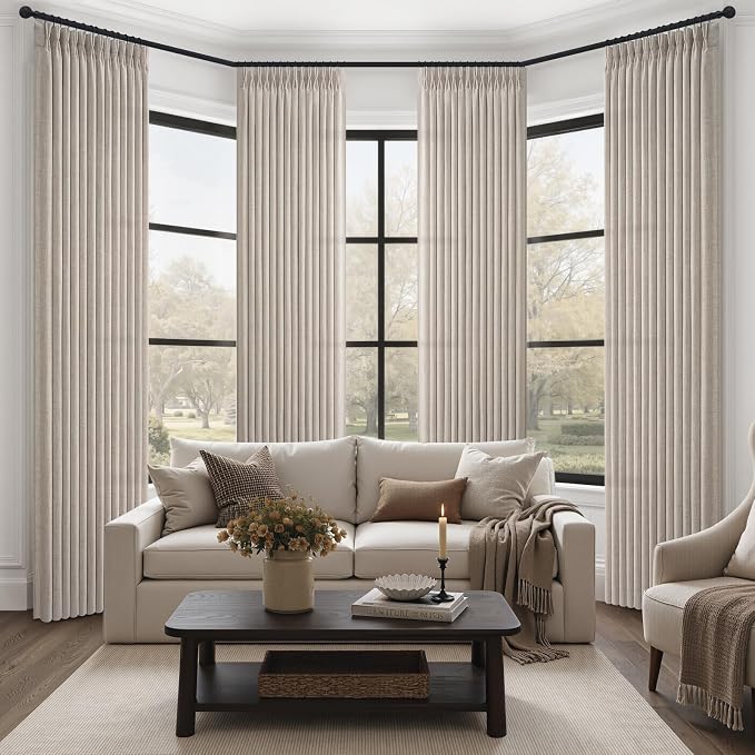 Greyish Brown Pinch Pleated Sliding Door Curtains 84 Inches Long 4 Panels Set, Memory Trained Pleat Flax Linen Light Filtering Semi Sheer Cottage Core Windows Curtain & Drapes with Hooks Rings Burg