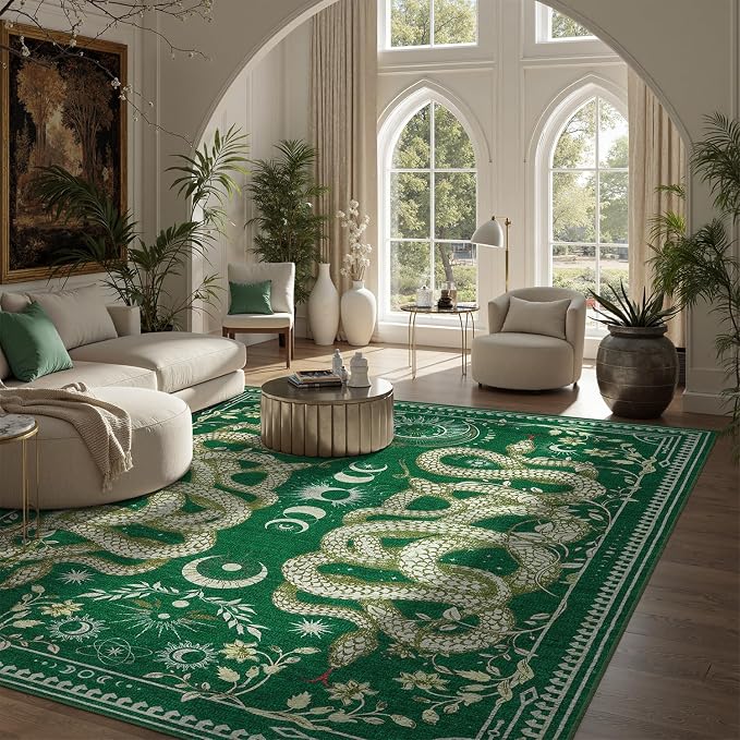DCX Washable 6x9 Snake Rug, Green Gothic Rug for Living Room, Soft Low Pile Carpet, Kid & Pet Friendly with Rubber Back Non Slip, Stain Resistant Rug for Bedroom Dining Room Office
