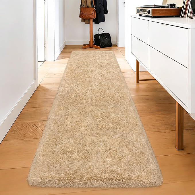 2x8 ft Beige Runner Rugs for Bedroom Living Room, Soft Plush Fluffy Throw Rug Shag Runner Carpet for Hallways Non Slip, Washable Light Beige Rug Carpet for Nursery Kids Girls Room Home Decor
