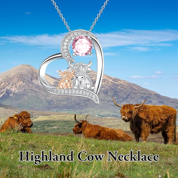 Highland Cow Gifts for Women 925 Sterling Silver Highland Cow Birthstone Necklace Fluffy Cow Jewelry Gifts Birthday Christmas