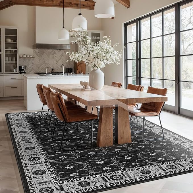 Rugxara Black Rug Area Rugs 5x7, Washable Rugs for Living Room, Vintage Boho Rug for Office, Dining Room, Kids Room and Farmhouse, Durable Low Pile Non-Slip Area Rug for High Traffic Areas(Black 5x7
