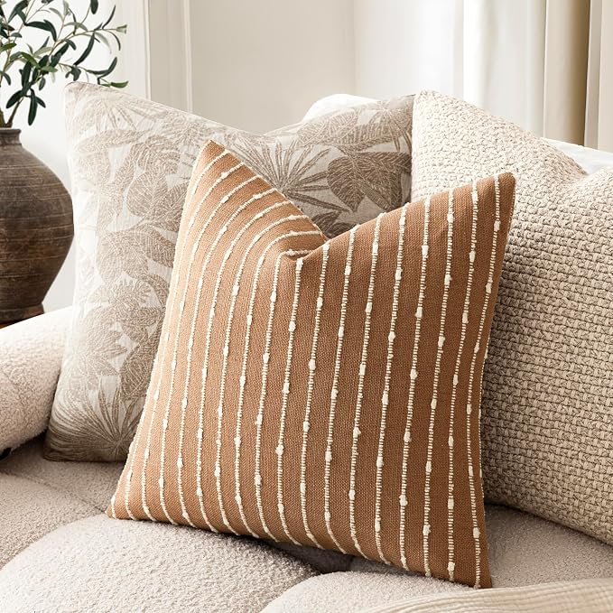 Foindtower Pack of 2 Decorative Jacquard Boucle Throw Pillow Covers Accent Textured Striped Pillowcases Soft Boho Modern Cushion for Couch Sofa Bedroom Living Room Home Decor 20x20 Inch Rust Tobacco