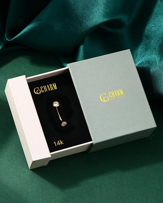 COCHARM 10K Solid Gold Belly Button Rings Internal Thread 10K Real Gold Belly Navel Rings Double CZ 10kt Yellow Gold Navel Piercing Jewelry 14g For Women Men