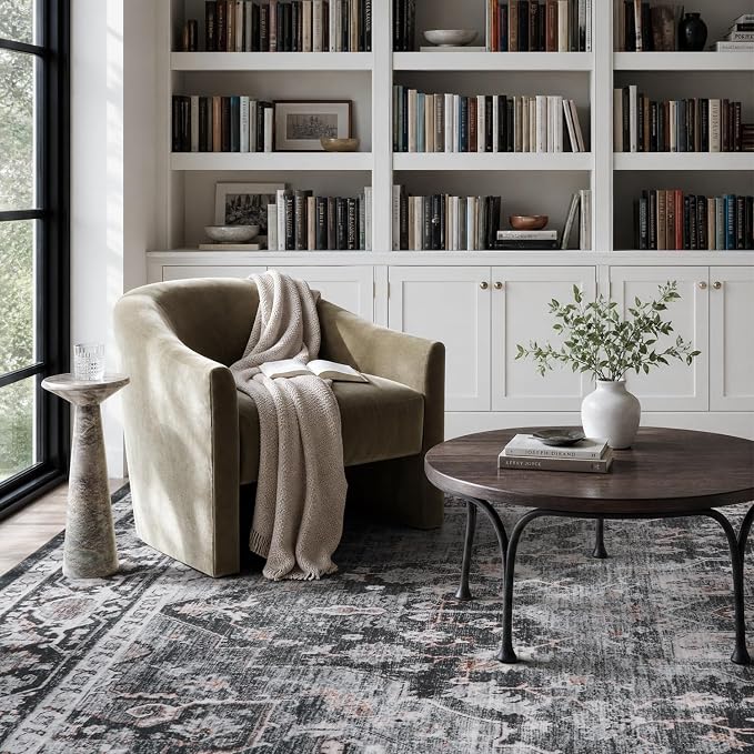 AMOAMI-4X6 Area Rugs for Living Room -Soft Vintage Bedroom Rug-Non Slip Washable Rug-Throw Rugs for Living Room Bedroom Bedside Dining Room Office Dark Grey & Black