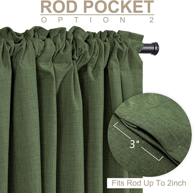 100% Blackout Shield Linen Blackout Curtains for Bedroom 90 Inches Long, Back Tab/Rod Pocket Living Room Drapes, Thermal Insulated Blackout Curtains 2 Panels Set, 50" W x 90" L, Moss Green