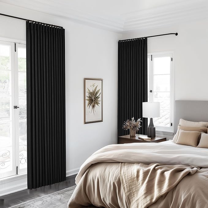 Black Pinch Pleated Linen Blackout Curtains 90 Inches Long for Bedroom | 100% Black Out Thermal Insulated, Pinch Pleat with Ring Hooks Back Tab, Room Darkening Drapes with Liner, for Living Room