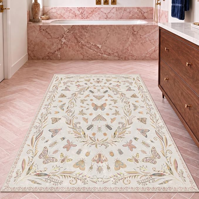 3x5 Flower Area Rug for Girls Bedroom - Washable Light Pink Large Entryway Rug for Laundry Room, Kitchen, Bedroom, Dorm, Insect Print Vintage Floral Non-Slip Throw Rug Low Pile Stain Resistance