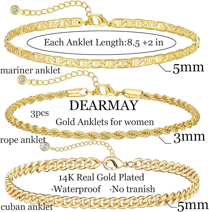DEARMAY Gold Anklets for Women Waterproof, Non Tarnish14K Gold Plated Ankle Bracelets Set Stack, Summer Beach Jewelry Gifts for Vacation, Bikini Outfits for Women Mom Her