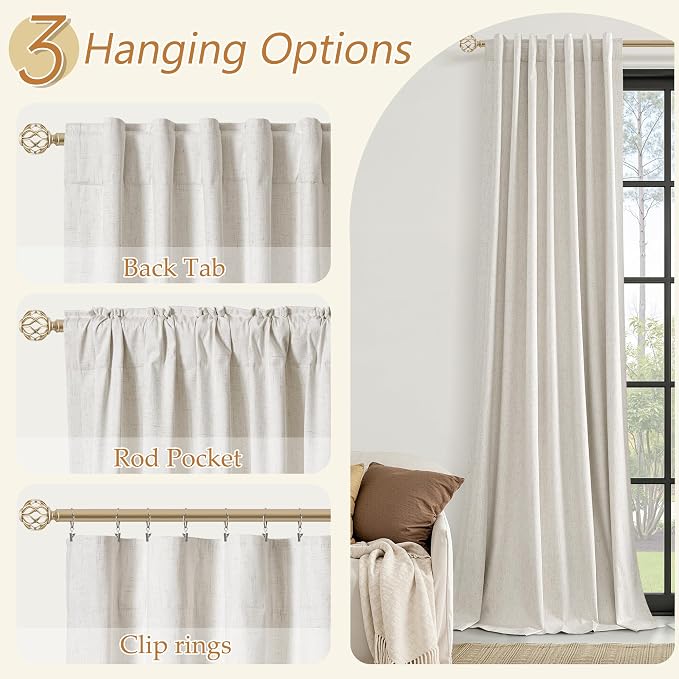 Guken Extra Long 100% Blackout Linen Curtains for Bedroom 102 inches Long, Thermal Insulated Room Darkening Black Out Drapes for Living Room, Back Tab Rod Pocket 2 Panels Set,Modern,52x102