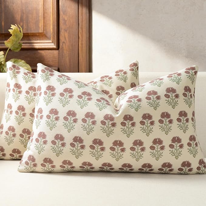Farmhouse Floral Pillow Covers 12x20 Set of 2, Country Botanical Throw Pillow Cover for Sofa Couch Bed Living Room, Rustic Vintage Flower Cushion Covers Cottage Home Décor,Rust Meadow