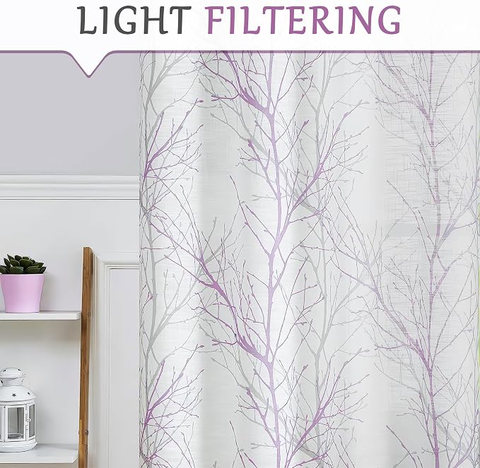 FMFUNCTEX Linen Lilac White Semi Sheer Print Curtains 72 Inch Long 2 Panels | Branch Sheer Patterned Drapes, Light Filtering Grommet Panels for Bedroom, Living Room, Basement, and Farmhouse Curtain