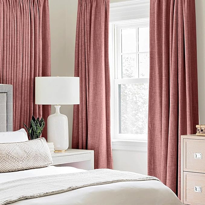 MIULEE 100% Blackout Linen Textured Curtains for Bedroom Solid Thermal Insulated Dusty Rose Grommet Room Darkening Curtains & Drapes Luxury Decor for Living Room 52 x 45 Inch (2 Panels)