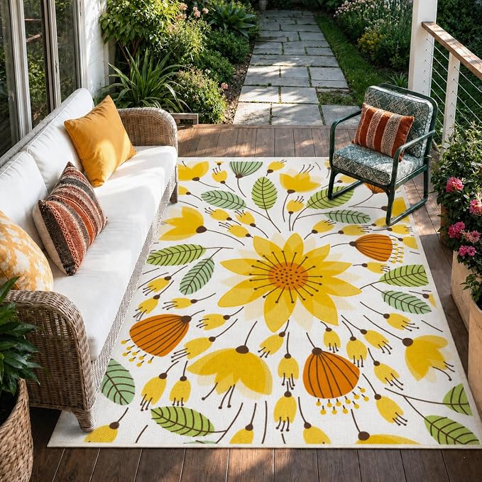 Lahome Floral Indoor Outdoor Rug, 5x8ft Non-Slip Outdoor Patio Rug for Camping Picnic, Portable Outdoor Carpet for Balcony Deck Backyard, Large RV Outdoor Rugs for Living Room Bedroom,Yellow