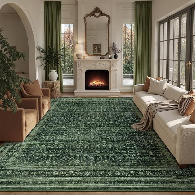 9x12 Area Rugs for Living Room Bedroom, Washable Large Rugs Non-Slip | Vintage Distressed Retro; Low Pile; Stain Resistant; Neutral Boho Carpet for Dining Room, Nursery, Home Office; Moss Green