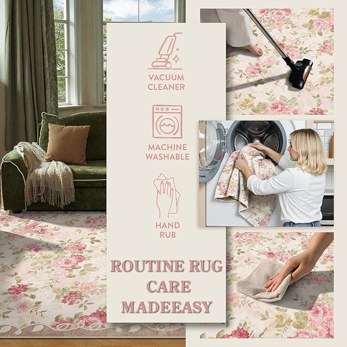 Lahome Floral Washable Rugs 5x7,Rugs for Living Room Pink Area Rug,Vintage Rugs for Bedroom Girls Non Slip Low Pile Ultra-Thin Large Carpet for Office Dining Room,Kids Playroom Nina (5'X7',Beige)