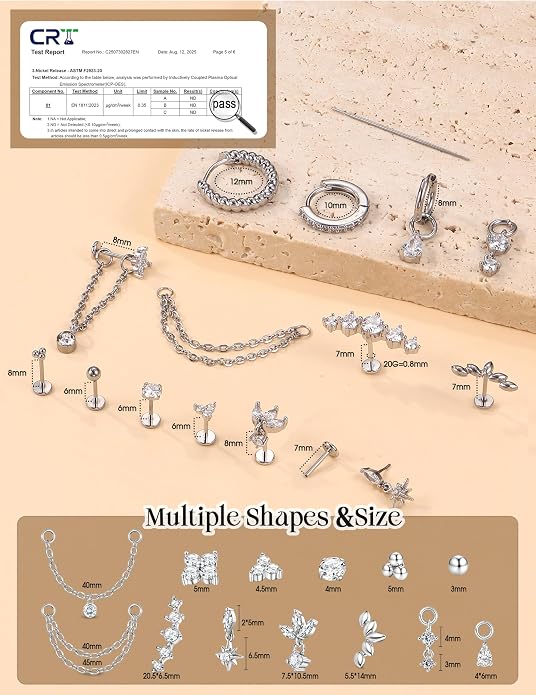 ORAZIO 16G/18G/20G Threadless Flat Back Earrings 316L Surgical Steel Cartilage Earring Stacks Flatback Push in Nose Rings Studs Hypoallergenic Tragus Helix Conch Labret Medusa Piercing Jewelry