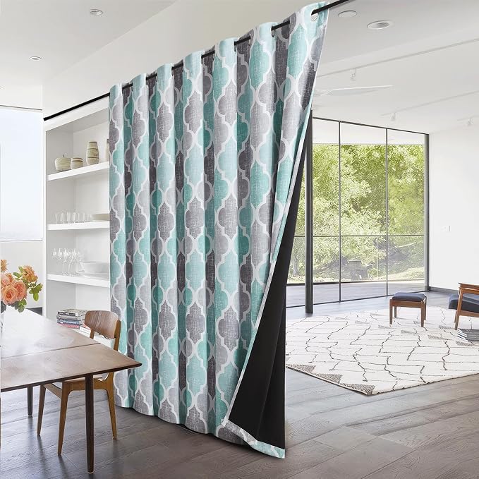 Beauoop Moroccan 100% Blackout Sliding Door Curtains Aqua Grey 100x96 1 Set | Geometric Room Darkening Patio Curtains Extra Wide Room Divider Drapes Thermal Soundproof Lattice Window treatment Grommet