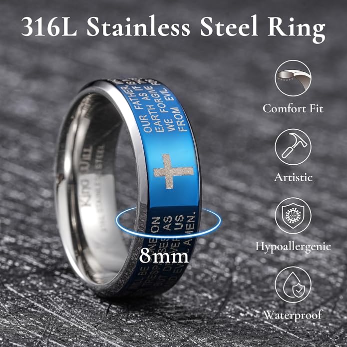 King Will Stainless Steel Men Ring Lord's Prayer Cross Ring Stainless Steel Men Wedding Ring, Wedding Band Bible Engraved Rings High Polished, Comfort Fit
