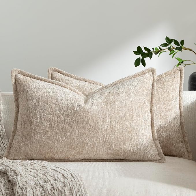 DEZENE Pack of 2 Tan Decorative Throw Pillow Covers 12x20 Cozy Soft Chenille Accent Vintage Rectangular Lumbar Couch Pillow Covers for Home Decor Bed Sofa Living Room
