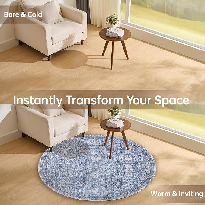 Sasttie Round Rug 4ft, Ultra-Soft Washable Circle Rug, Low Pile Foldable Thin Carpets with Non-Slip Backing, Skin-Friendly Stain Resistant Carpet for Living Room, Bedroom, Kitchen, Dorm, 4ft, Blue