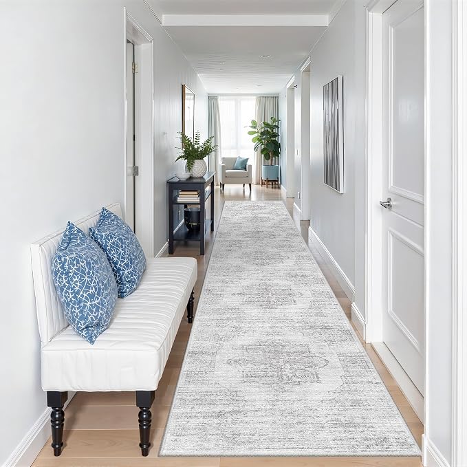 2x12 Runner Rug Non Slip,Washable Hallway Runner Rug,Grey | Long Neutral Rugs for Kitchen,Entryway,Bedroom,Bathroom,Laundry Room,Thin,Soft Runner Rug,Stain Resistant Indoor Carpet