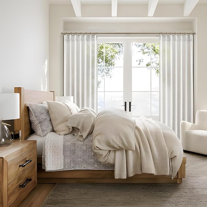 Custom 88 Inch Beige White Pinch Pleat Nursery Curtains 2 Panels Set, Light Filtering Memory Trained Thick Natural Linen Sheer Windows Drapes Privacy Neutral Curtain with Hooks & Rings for Kids Room