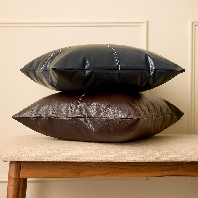 Encasa XO Faux Leather Throw Pillows Covers 24"x24" (Set of 2) | Navy Blue Stitch Decorative Cushion Covers | Modern Farmhouse Pillow Cases for Outdoor, Living Room, Bedroom, Couch, Sofa