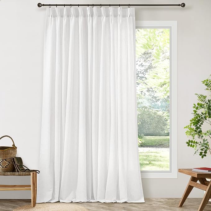 Ivory Pinch Pleat Linen 120 Inch Curtains 72 Inches Width Extra Wide | Cream Off White Birch, Light Filtering Semi Sheer, Pleated Drapes, for Living Room Patio Sliding Door 72x120 Curtain, 1 Panel