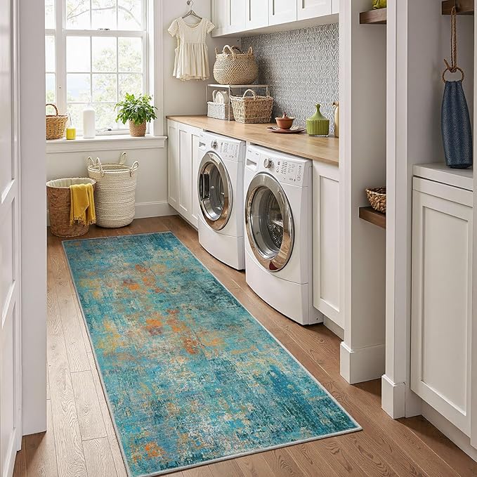 RELEANY Washable Area Rugs 2'x6' Non-Slip Modern Abstract Soft for Living Room Entryway Bedroom Kitchen, Print Pattern, Teal Blue Green Orange Rust Red Coloreful